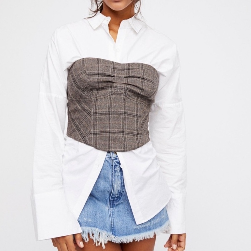 Free People Out West Plaid Corset Brown Plaid Ruched Strapless Crop Top Size 10